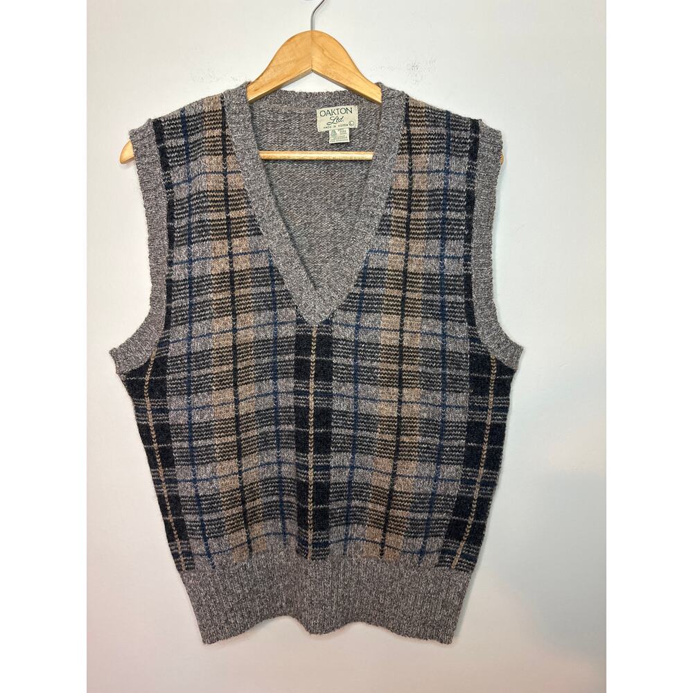 Vintage Oakton Ltd 100% Wool Sweater Vest Plaid‎ Large Brown